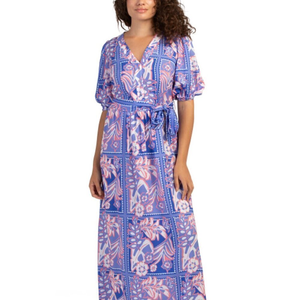 Celina Moon Womens Blue Floral Short Sleeve Pockets Belted Maxi Dress Sz S New